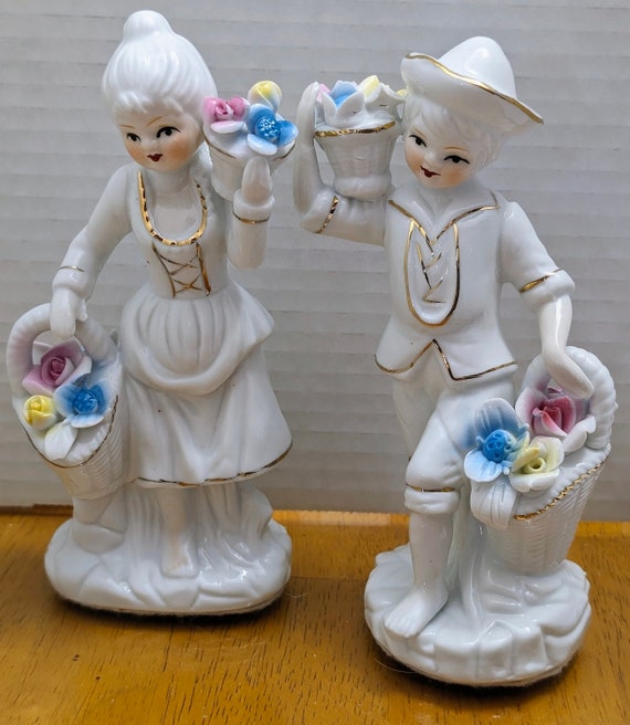 Vintage - Couple of Porcelain Figurines with Intact Flowers - 6 1/2'' Tall