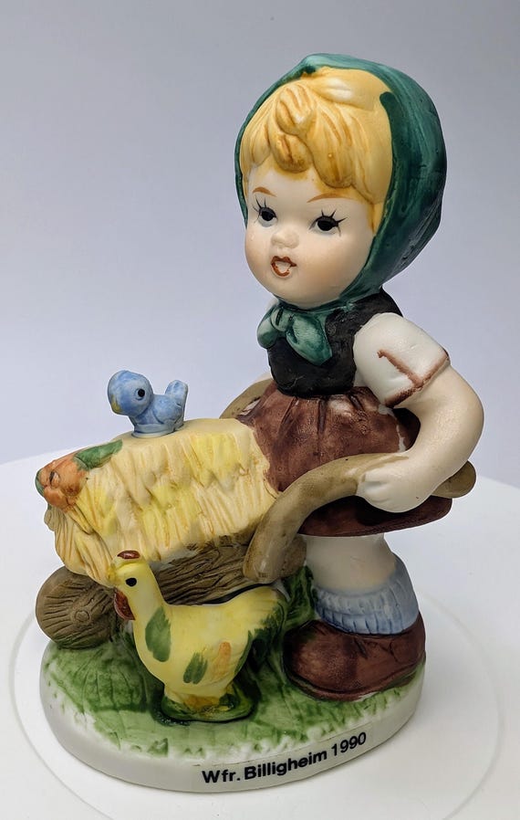Vintage - Figurine - Little Girl with Wheelbarrow with Hen / Rooster - Porcelain - 4''Tall
