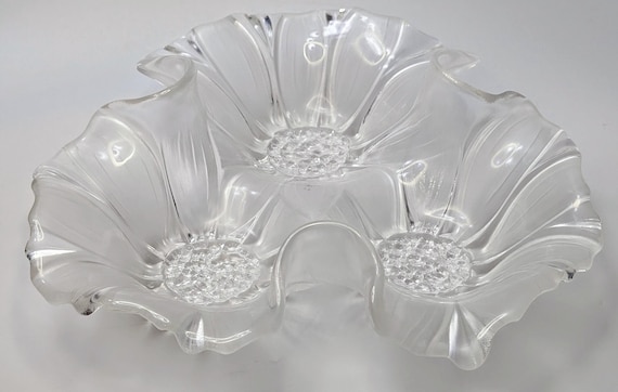 Vintage - Serving Platter / Table Centerpiece with Sunflower Pattern - Frosted and Clear Glass - 10''long x 10''wide