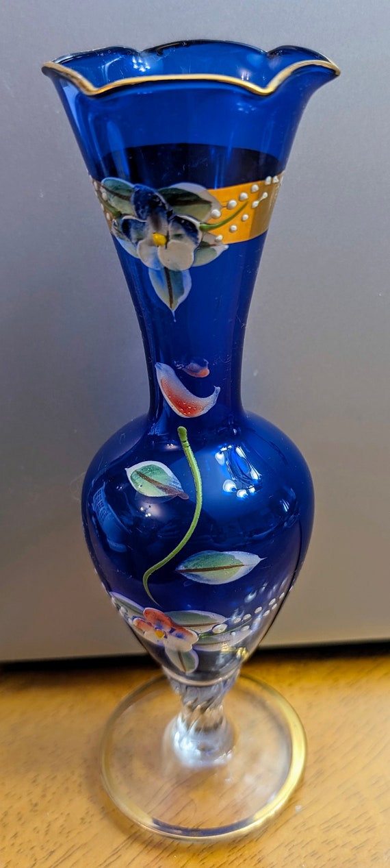 Vintage Bohemian Glass Cobalt Vase, Czech, Gold accent - Hand Painted - Measures (7'')Tall Wavy Rim
