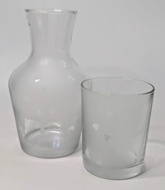 Vintage Night Decanter - Glass - Frosted Pattern of Cats and Hearts - 6.5''Tall Decanter and Glass Made 3.5'' Tall - mark France