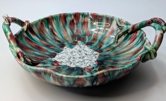 Vintage - Stunning Pottery Handle Dish - Marked Italy - 3'' Tall x 9'' Diameter