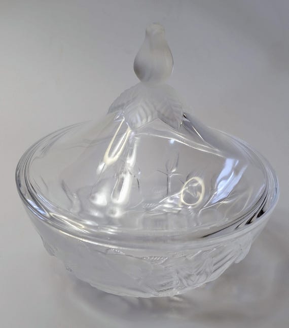 Vintage - Cute Candy Dish with Frosted Flowers and Crystal Cutlery - 5'' Tall x 5'' Diameter