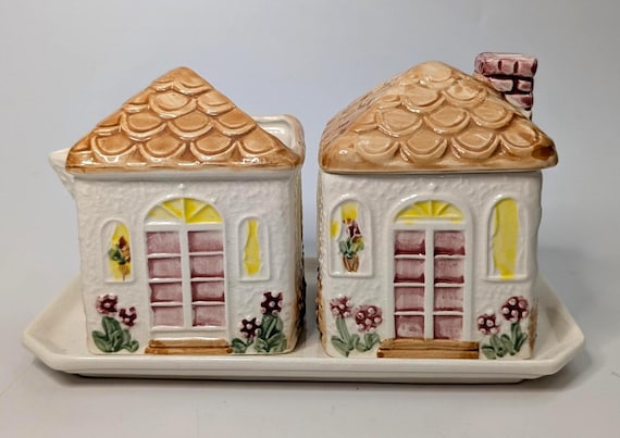 Vintage - Milk and Sugar in the shape of a Country House - Sugar Bowl and Cream/Milk Pot Ceramic - Marked Japan - the tray measures 8'' long