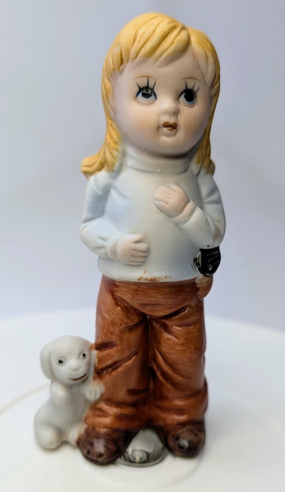 Vintage - Figurine - Blonde Girl with Red Pants and White Dog - Porcelain - 5''Tall