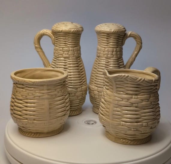 Vintage - Salt & Pepper Shakers Set with Ceramic Creamer and Sugar Bowl - Rattan Bamboo - Marked Japan -6'' Tall for Salt and Pepper
