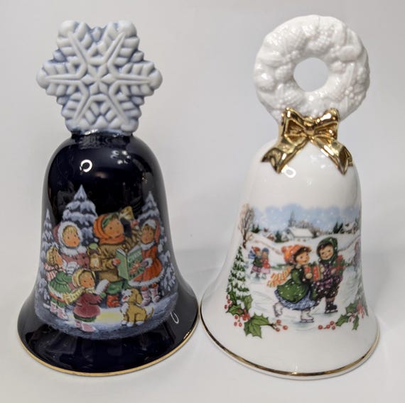 Vintage - Set of 2 Collectible Bells - White 1986 & Blue 1987 - by Avon - measurement: 5'' tall