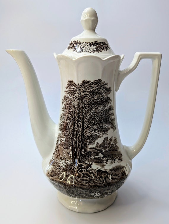 Vintage - MCM - J. G. Meakin The Romantic Staffordshire Ironstone White & Brown Teapot / Coffee Pot - Transferware - 11'' Tall
