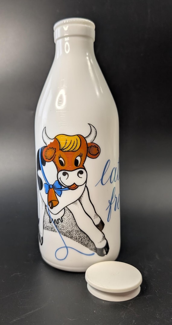 Vintage - Milk Bottle with Picture in Red - Portugal - White Glass - Milk Glass - With Stopper - 10''Tall