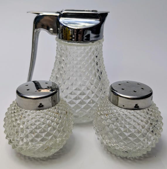 Vintage - Salt & Pepper Shakers Set (2.5'' Tall) with Sugar Bowl (4.5'' Tall) - Glass - Marked Grace