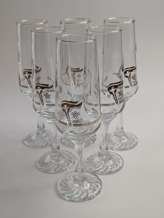 Vintage - 1988 - Set of 6 OLYMPIC Glasses / Flutes - 10''(25cm)high