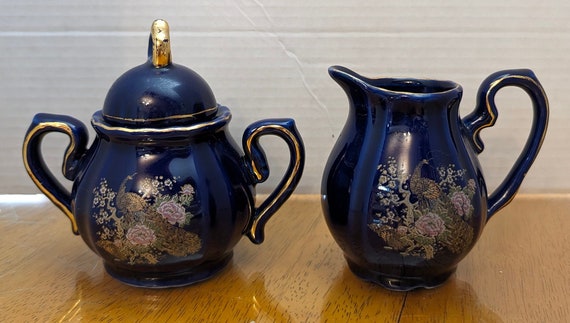 Vintage - Cobalt Blue Sugar & Milk Bowl - Peacock Pattern - 4''Tall