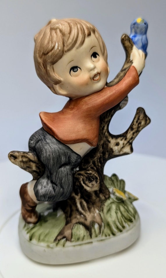Vintage - Figurine - Boy in Tree with Blue Bird - Porcelain - 4.5''Tall