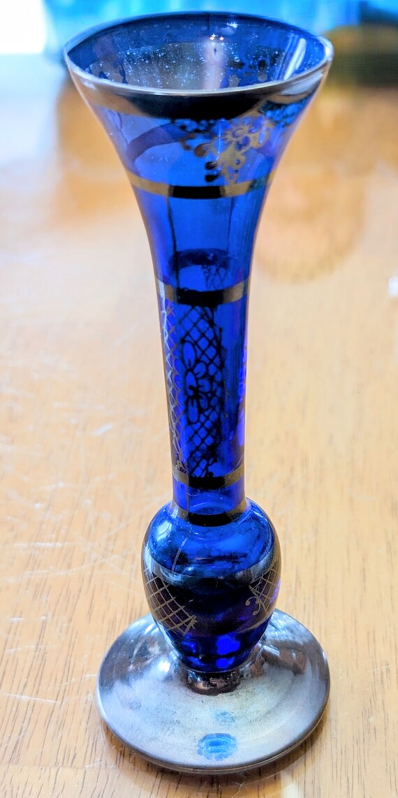 Vintage Cobalt Venetian Glass Vase, silver color accent - measures (6'')tall