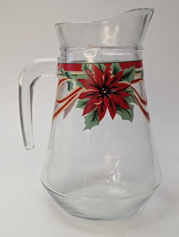 Vintage - Christmas Glass Pitcher - Poinsettia - 8.5''Tall