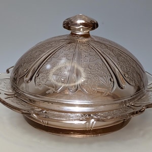 Vintage - Beautiful Butter Dish with Pink Glass Lid - Jeanette Pink Blossom Pattern - 6'' Diameter - 4'' Tall