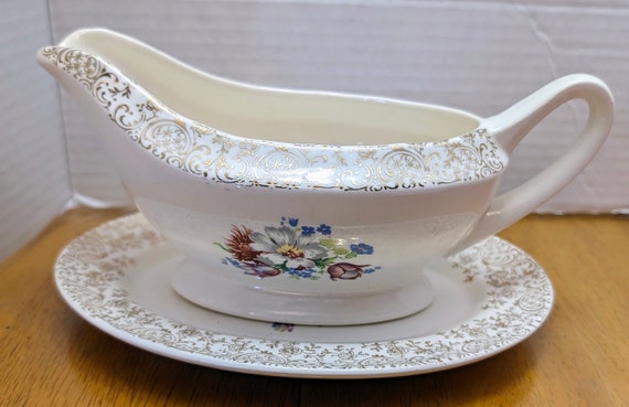 Vintage - French Saxon China 22k Gold Ornament- Gravy Boat - Gravy Boat - Measures 7.5" long
