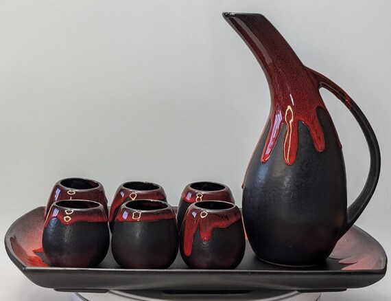 Vintage - Stunning Beauce Pottery Set - Tray, Pitcher (Decanter) and 6 Glasses - Lava Set - Rare - Pitcher Measures 9.75''