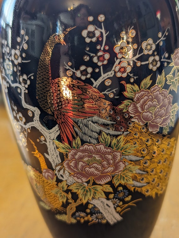 Elegant Vase / Urn - Peacock - Cobalt Blue and Gold (6'' (15cm))Top - Marked JAPAN