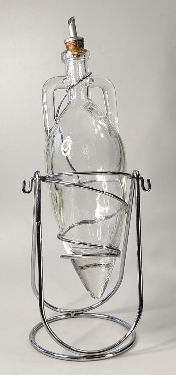 Vintage - Thick-bottomed bottle for oil on metal support - 15'' tall with stopper