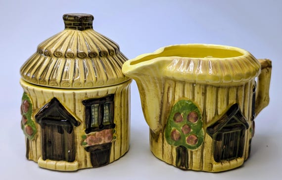 Vintage - Milk and Sugar House Shaped Set - Ceramic - Marked Japan - 4.5'' Tall