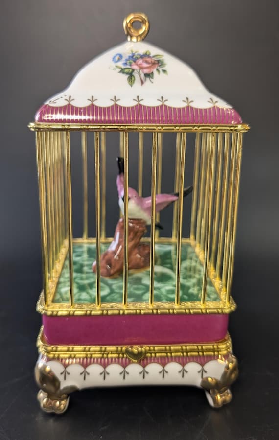 Beautiful Trinket Box / Jewelry Box with Cage and Porcelain Bird
