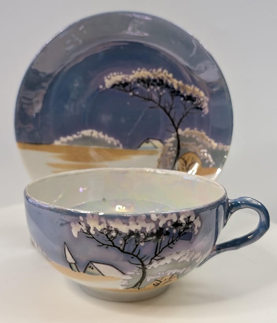 Vintage - Set of 1 Japanese Cup and Saucer - Porcelain - Hand painted - 2 pcs - lusterware - blue