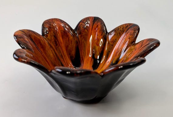 Vintage Vase/Bowl - Marked Evangeline - Brown and Orange/Red - 6"W x 3"H