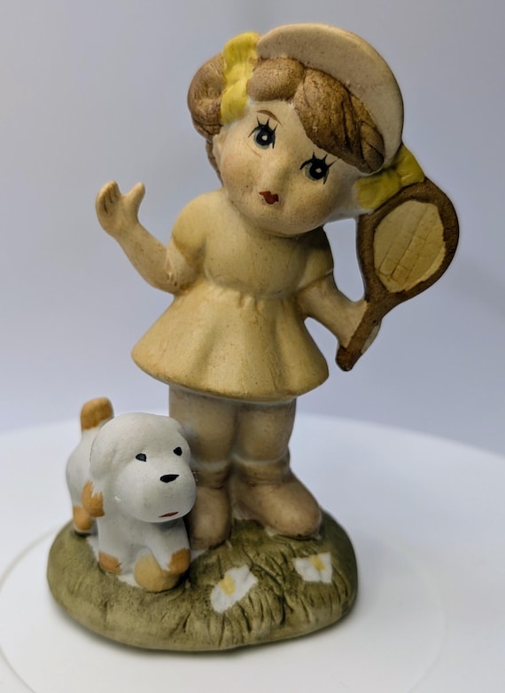 Vintage - Little Girl Playing Tennis Figurine with White Dog - Porcelain - 6''Tall