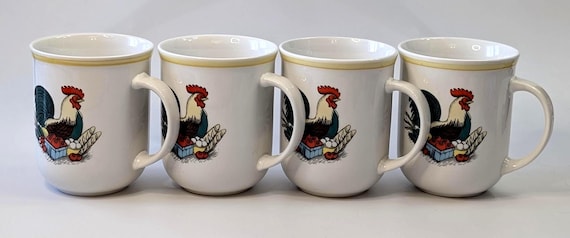 Beautiful Set of 4 Mugs - Ceramic - Rooster Pattern - Marked Royal Heritage - 3.25'' Tall