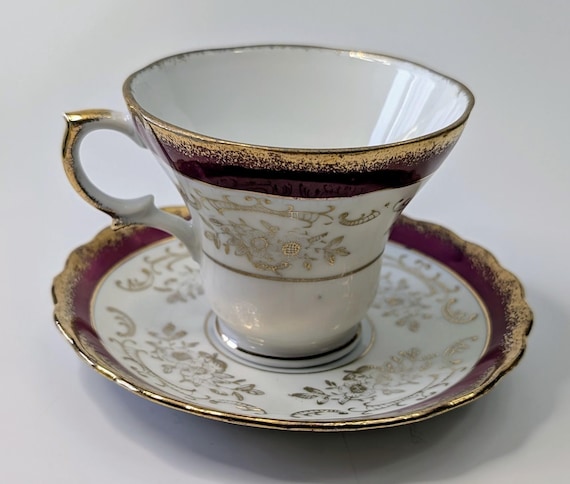 Vintage - Tea Cup with Porcelain Saucer - White, Gold and Burgundy - Marked Japan - 5.5''diam saucer and 3'' cup tall