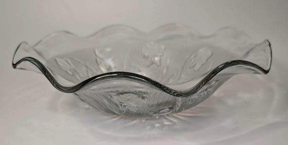Vintage Depression glass Bowl - Jeanette - Iris & herringbone - Clear - 12''diam.