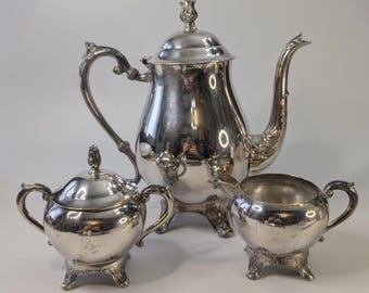 Vintage - Silver Tea Set - Teapot, Creamer, and Sugar Bowl - Set of 3 pieces