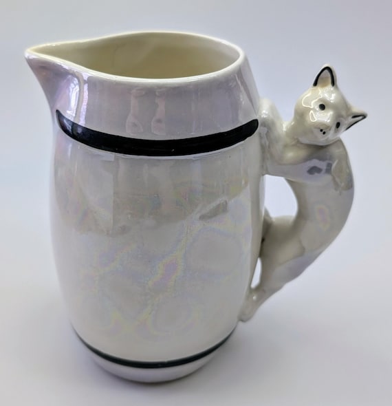 Vintage - Opalescent Ceramic Creamer / Pitcher with Cat - Marked Czechoslovakia - Measures 6.5'' Tall