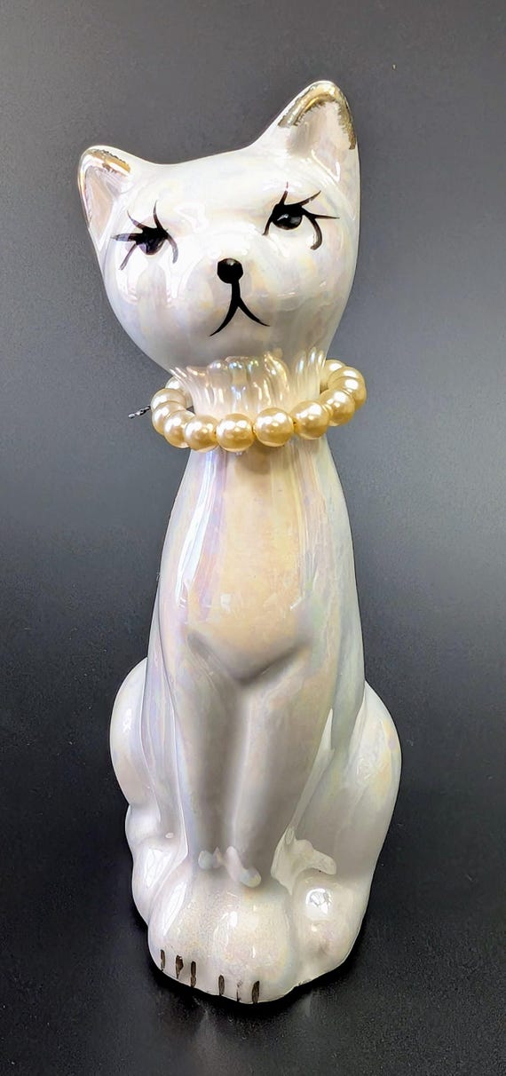 Vintage - Iridescent White Cat Figurine - Her Necklace is Original - Almost 5'' Tall