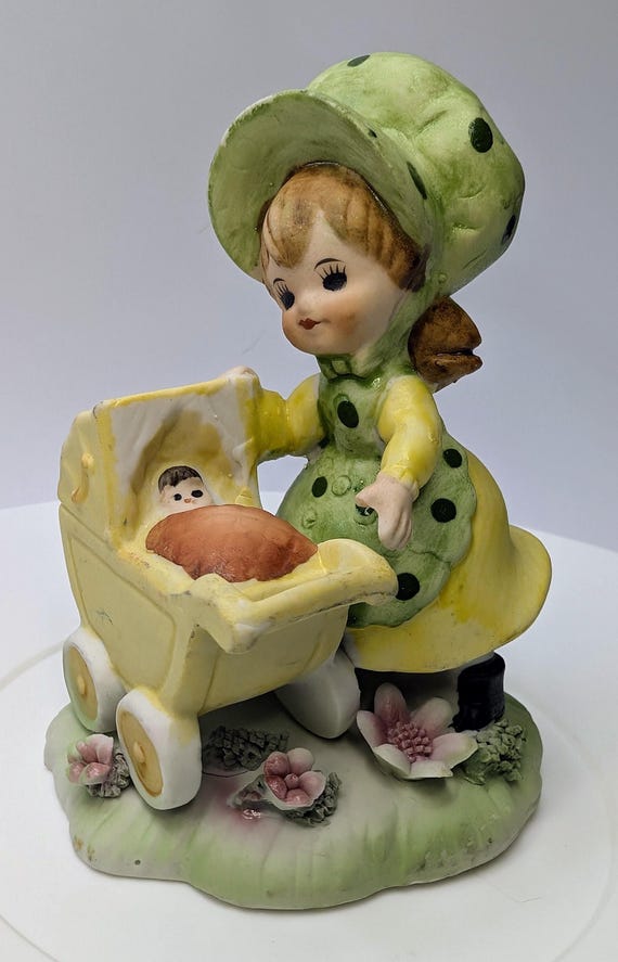 Vintage - Figurine - Little Girl with Stroller and Baby - Taiwan - Porcelain - 4''Tall