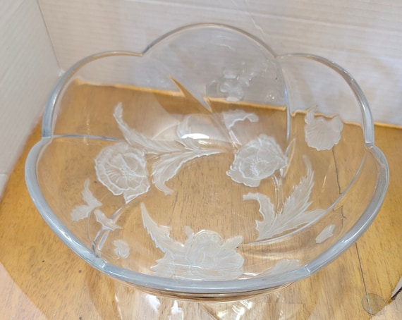 Vintage Japan Bowl in Crystal and Frosted Floral Designs - 11'' Diameter