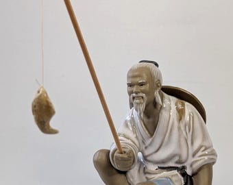 Vintage - Asian Fisherman Figurine Shiwan - handmade - original stckers - made of clay - measures 5'' high