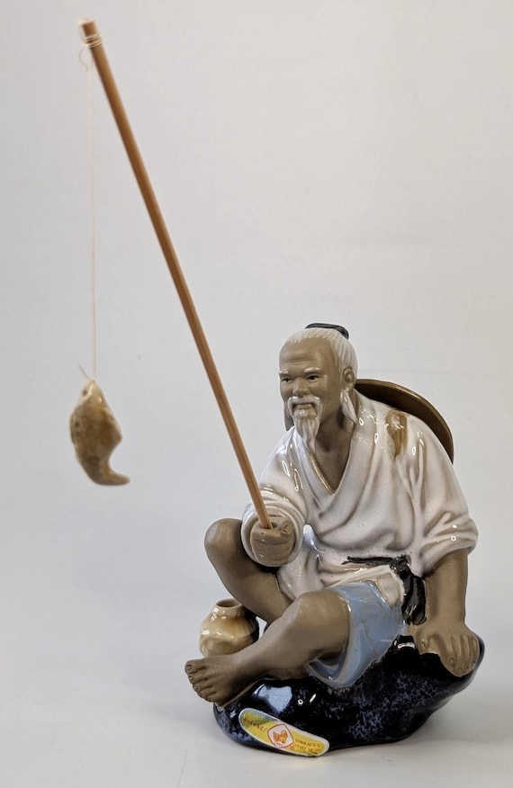 Vintage - Asian Fisherman Figurine Shiwan - handmade - original stckers - made of clay - measures 5'' high