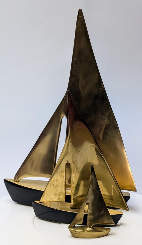 Vintage - Set of 3 Solid Brass Sailboats - Marked Korea - Height of Each: 9.5'' / 6'' / 3'' tall