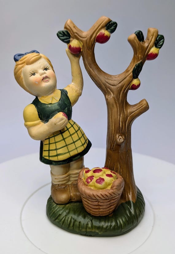 Vintage - Figurine - Girl Green and Yellow Dress with Apple Tree and Apples - Porcelain - 5.5'' Tall