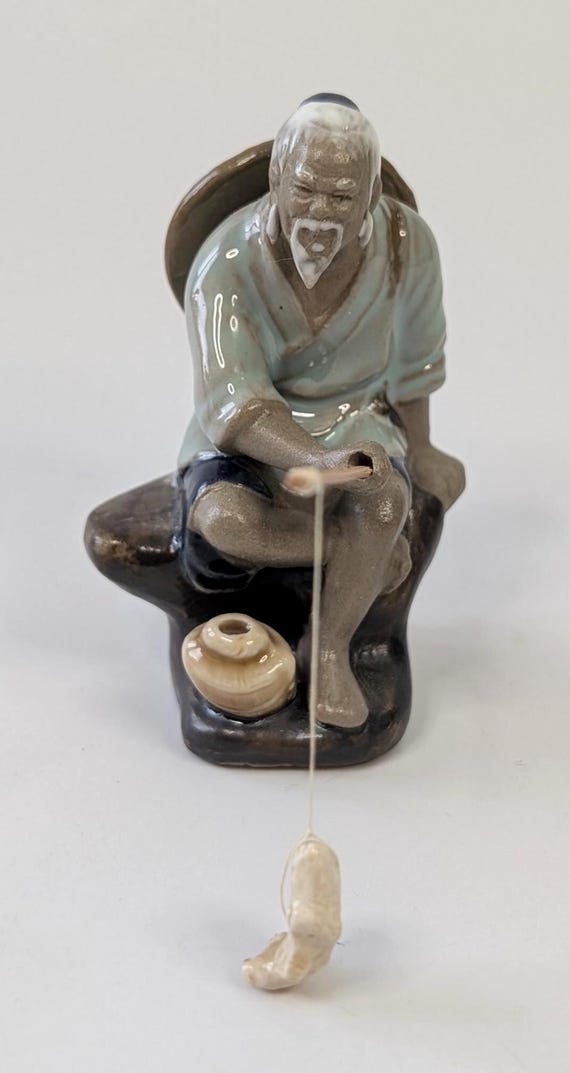 Vintage - Asian Fisherman Figurine Shiwan - handmade - made of clay - measures 2.75'' high