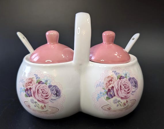 Vintage - Double Condiment Pot with Ceramic Spoon - Pink and White - 5'' High with Lid