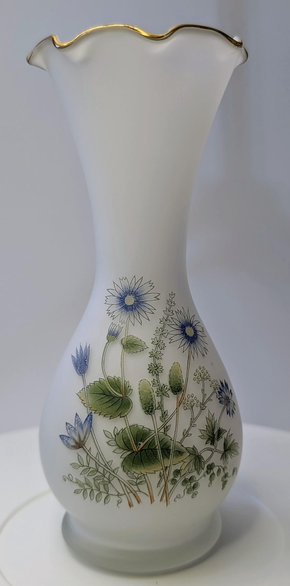 Vintage - Frosted Glass Vase with Gilding and Blue Flowers - 6.5''Tall
