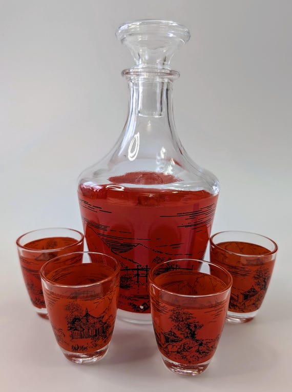 Vintage - Set of Small Decanter and 4 Small Glasses - Asian Picture - Marked France - 7.5'' Tall with Stopper