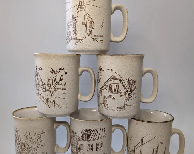 Featured listing image: Vintage - Set of 6 Mugs Manoir Collection Cups - Shell Canada / Quebec - Stoneware - Made in Korea - Handmade - measures 3.75''