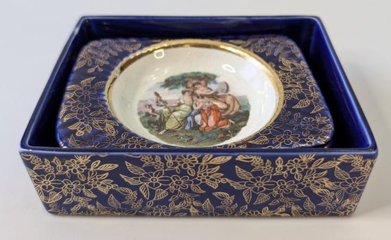 Vintage - 2 small Dish and their holder / Cobalt Blue and Gilded Porcelain Set - marked Empire England - 3 pieces
