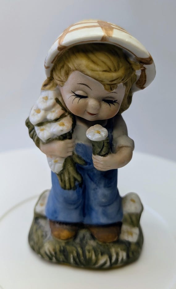 Vintage - Little Girl in Overalls and White Flowers - Porcelain - 4.5'' Tall