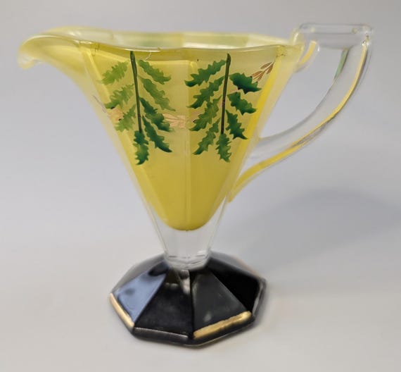 Vintage - Milk Jug / Creamer - Indiana Glass - Yellow with Hand-Painted Designs - Reverse Painting - 5'' Tall