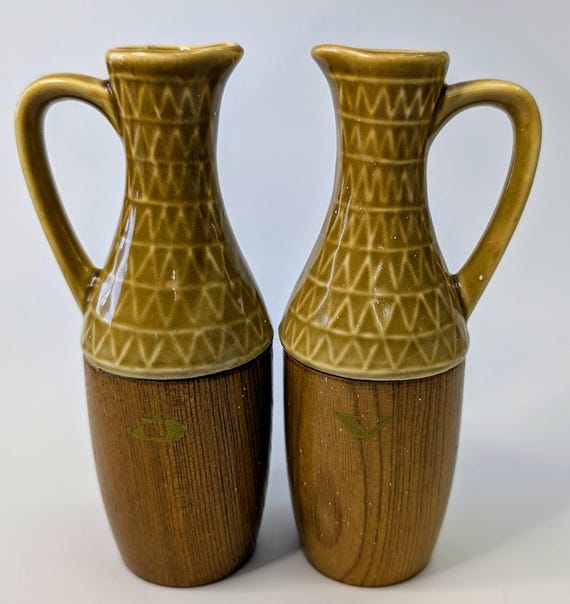 Vintage - Oil and Vinegar Bottle Set - Wood and Ceramic - 6'' Tall